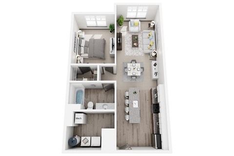 Floor plan for 1 bed, 1 bath, 768 sqft